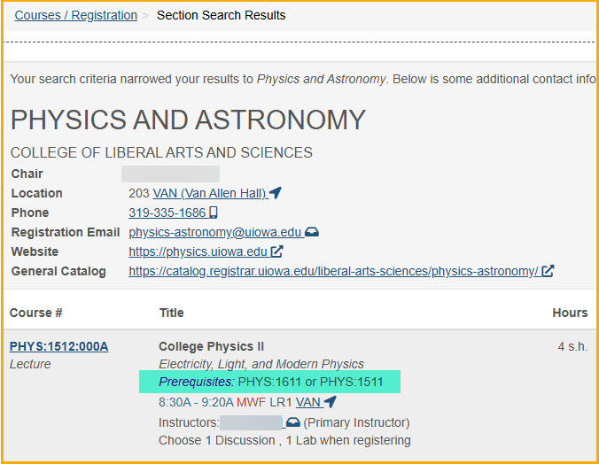 Prerequisite listed on course section in MyUI
