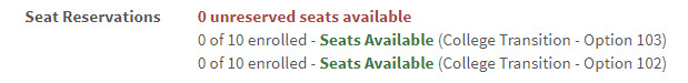 The text next to the seat reservation will indicate the course bundle description and Option Number