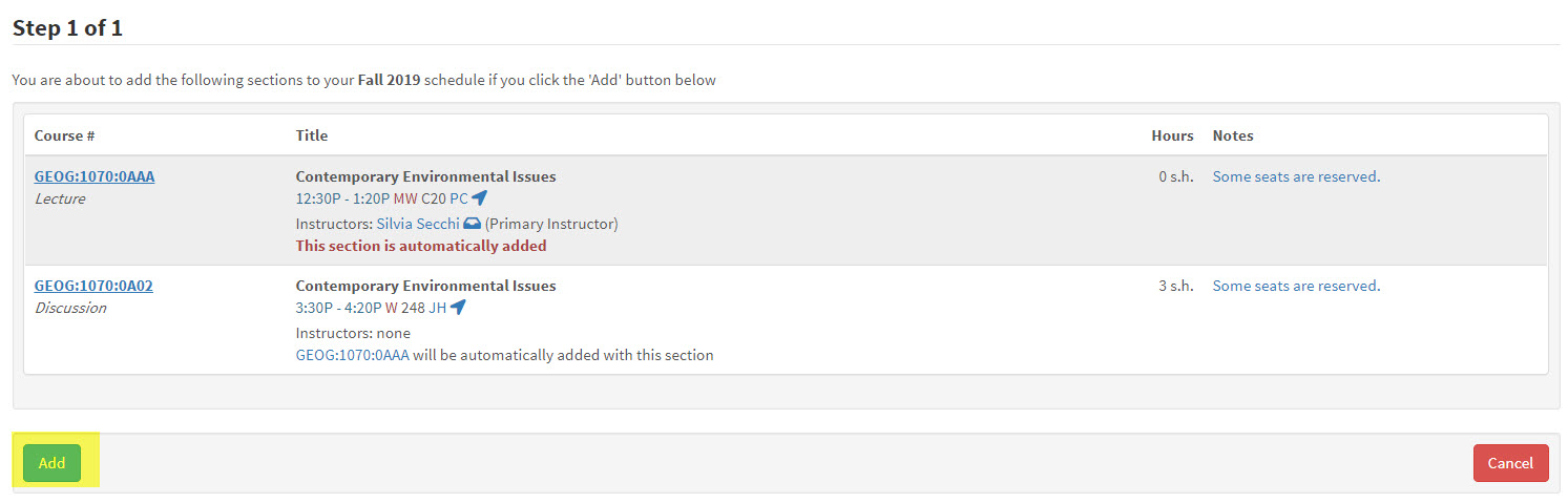 After clicking "Enroll" the student will want to attempt to "Add" the course.
