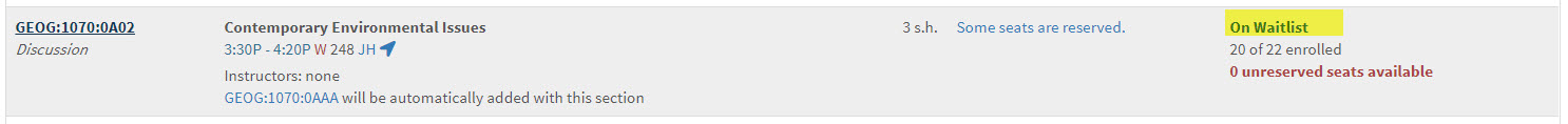 Once the student clicks "Join Waitlist" for the second time, they will be added to the waitlist for that course section.