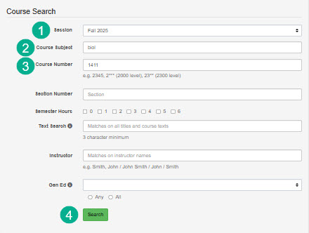 Course Search choosing session, course subject, course number and search.