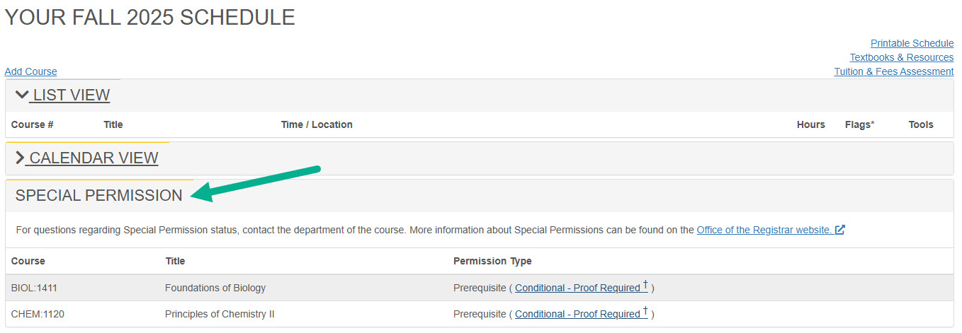 Special Permission listed on Courses/Registration page.