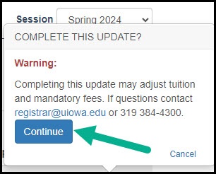 Warning message asking if the student wants to complete the update. 