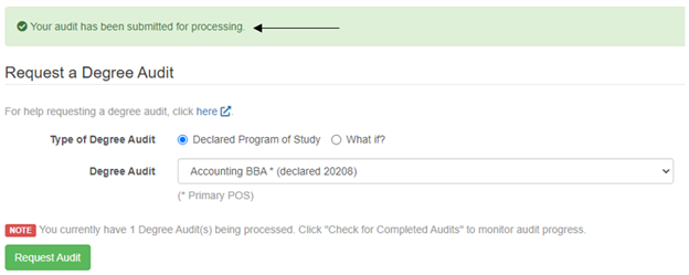 Degree Audit Submitted Screenshot