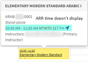 Hybrid section calendar view; on campus meting pattern displays, async online time does not display