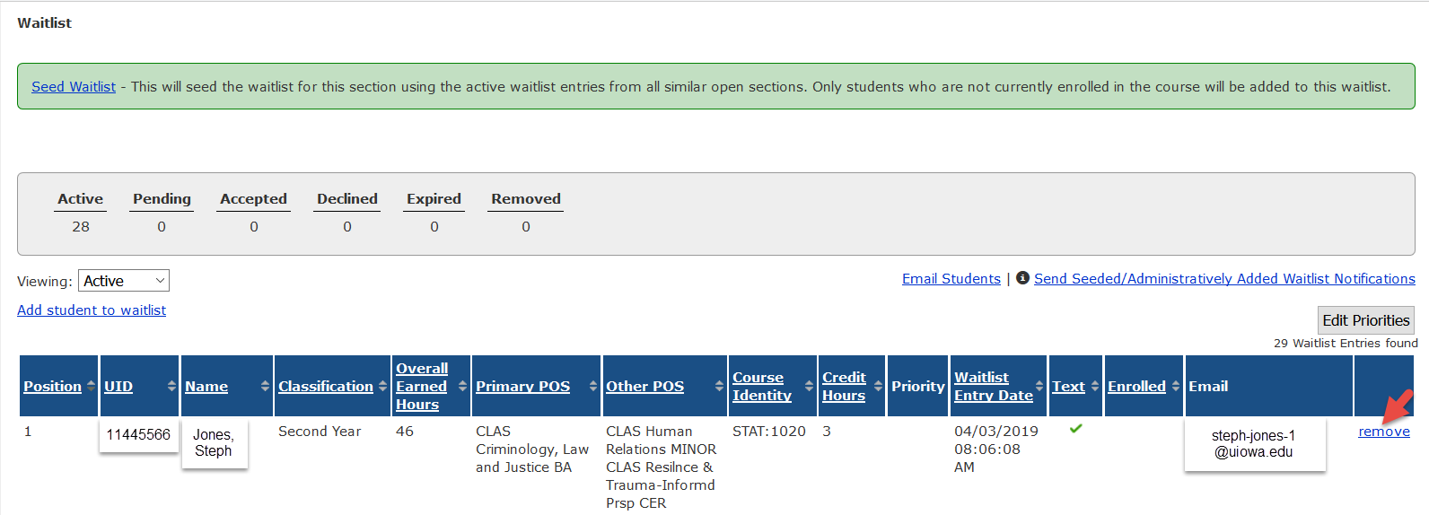 Removing student from waitlist. On waitlist panel, click “Remove”.
