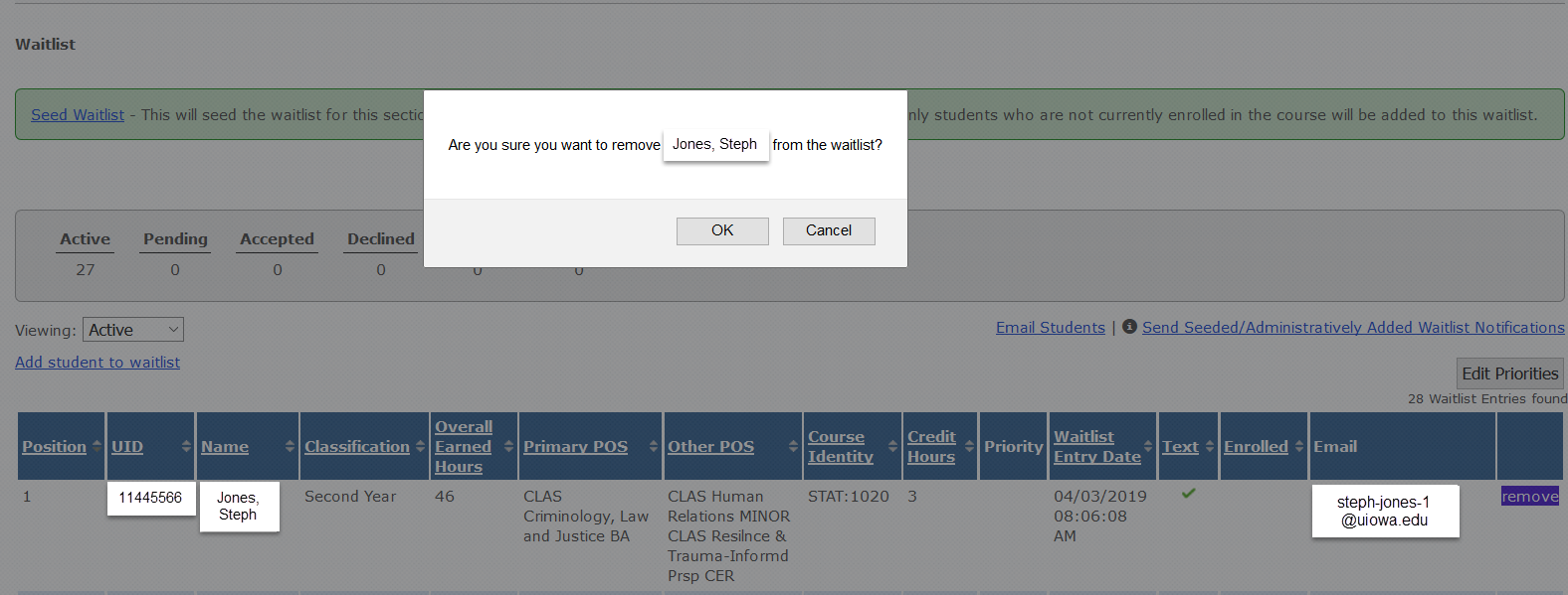 Clicking "Cancel" at this step, student remains on waitlist. Clicking "OK" continues the waitlist removal process. 