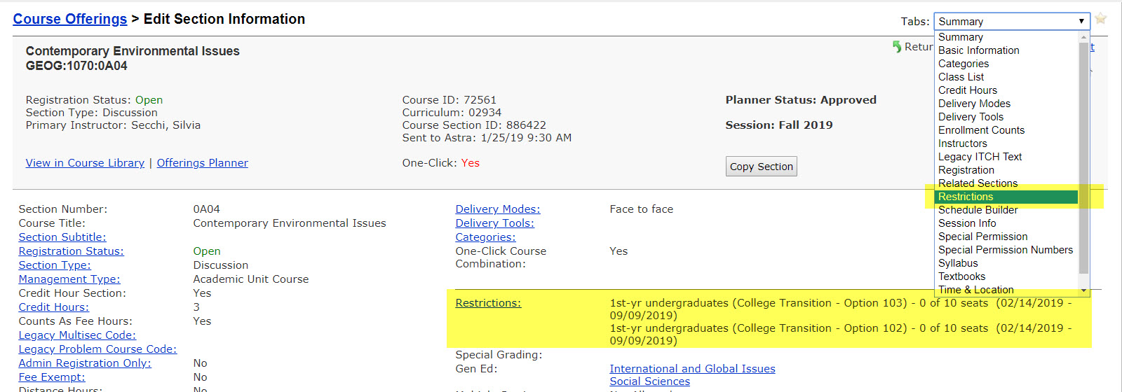 Summary panel with restriction panel link in MAUI Offerings Planner for Academic Departmental Administrators