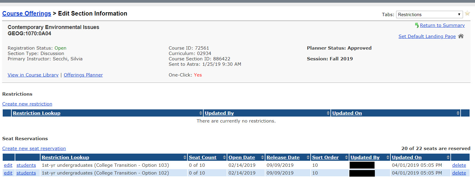 Restriction panel in MAUI Offerings Planner for Academic Departmental Administrators