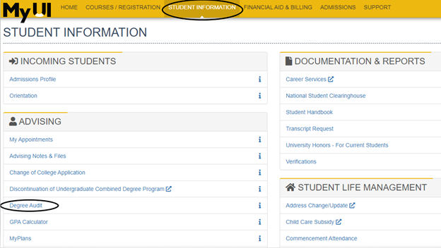 Select Student Information on MyUI Screenshot